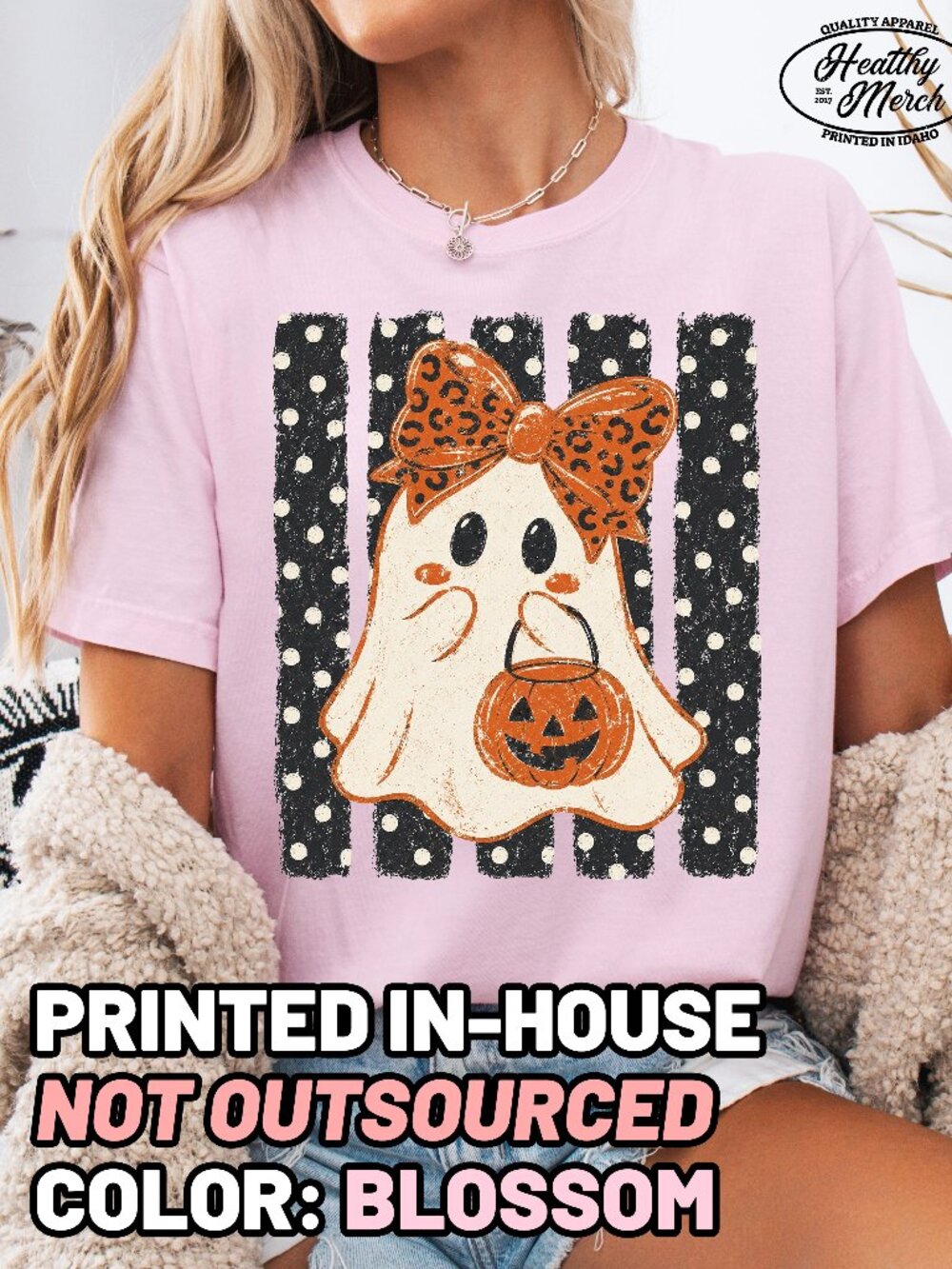 Cute Polka Dot Stripes Ghost Halloween Shirt Comfort Colors Blossom